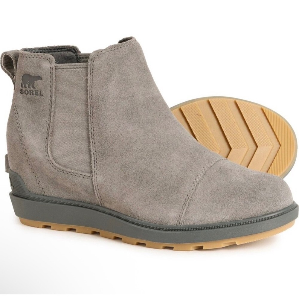 Sorel Evie II Chelsea Boot Quarry Grey Waterproof Suede Wedge Womens 7.5 New